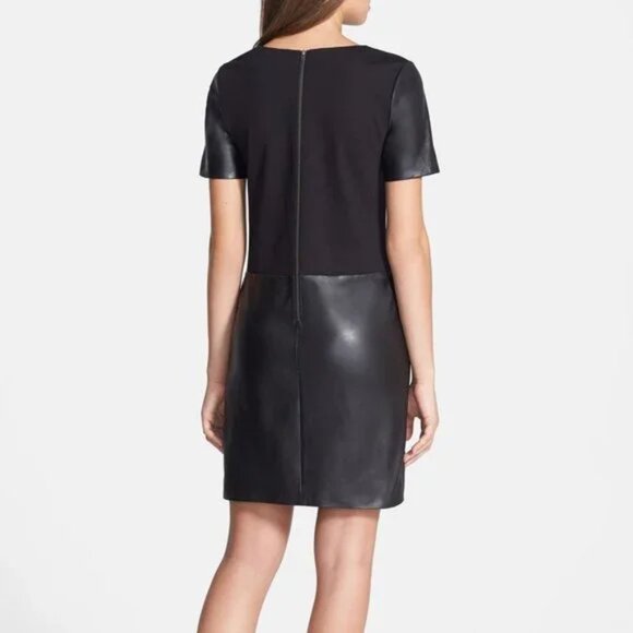 Halogen NORDSTROM New Leather & Ponte Knit Shift Dress ESPRESSO BLACK Womens XLP - Picture 4 of 16